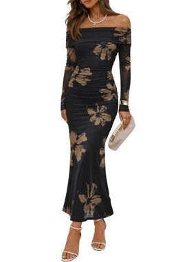 Chic Off-Shoulder Long Sleeve Maxi Dress for Weddings & Fall Events, Mesh Detail